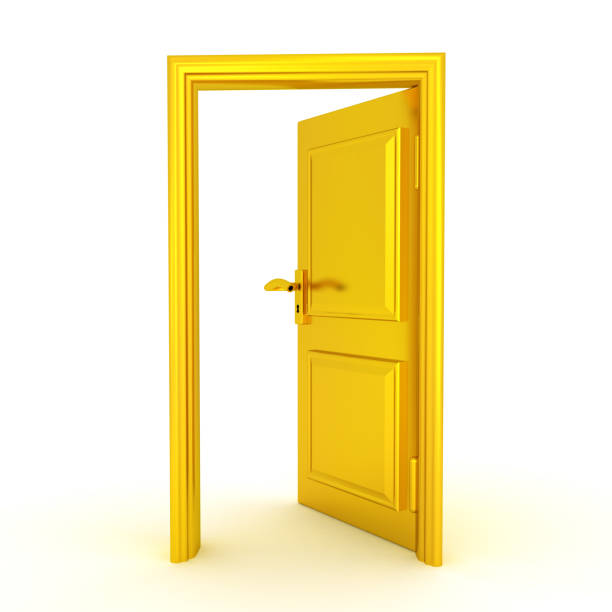 istock 3D illustration of a half opened golden door 830517302