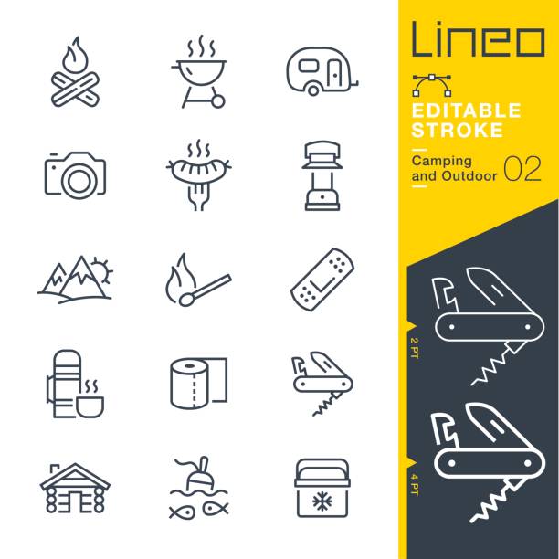 Lineo Editable Stroke - Camping and Outdoor outline icons Vector Icons - Adjust stroke weight - Expand to any size - Change to any colour log cabin vector stock illustrations