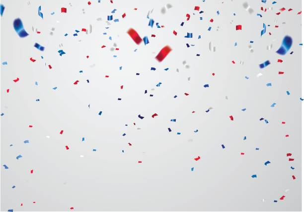 ilustrações de stock, clip art, desenhos animados e ícones de celebration background template with confetti and red and blue ribbons. - white background red colors paper