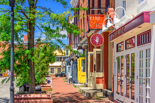 Baltimore, Maryland - June 14, 2016: Shops at Fell's point. The historic waterfront neighborhood was established in 1763 along the north shore of the Baltimore Harbor.