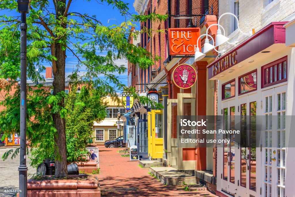 Baltimore Maryland at Fell's Point Baltimore, Maryland - June 14, 2016: Shops at Fell's point. The historic waterfront neighborhood was established in 1763 along the north shore of the Baltimore Harbor. Baltimore - Maryland Stock Photo