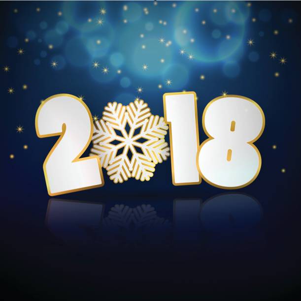 Happy New Year 2018 text design. Vector greeting illustration with golden numbers and snowflake bokeh colorful Happy New Year 2018 text design. Vector greeting illustration with golden numbers and snowflake bokeh colorful silverstone stock illustrations