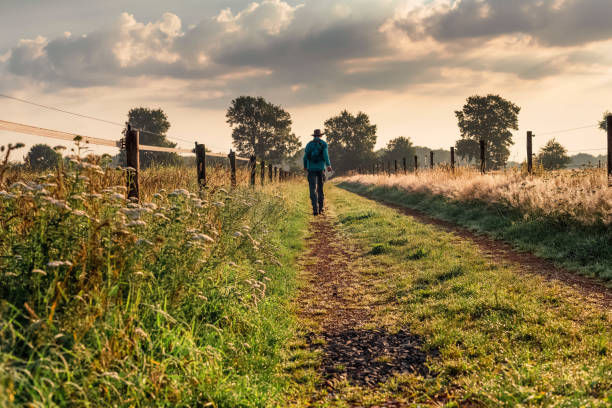 istock Man in hat walking alone on end of rural track. 830540960