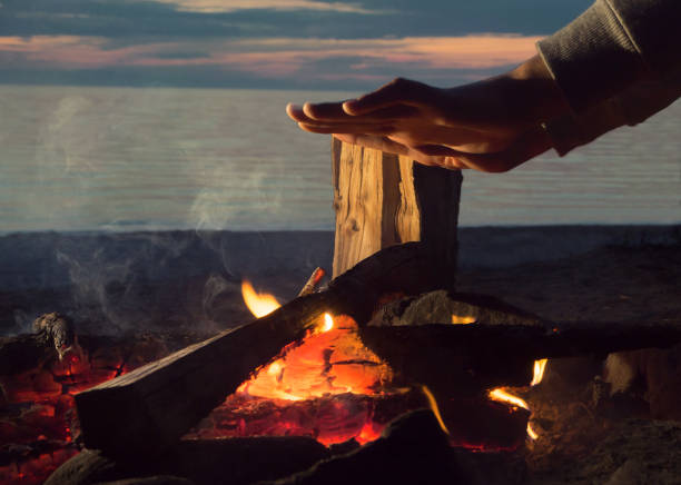 istock Night fire on the lake shore. Lake Baikal 830547962