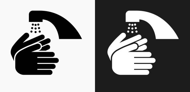 ilustrações de stock, clip art, desenhos animados e ícones de washing hands icon on black and white vector backgrounds - human hand on black