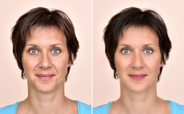 Woman before and after applying make-up A set of two portraits of the same woman, one before and the other after applying make-up hair care women mature adult human skin stock pictures, royalty-free photos & images