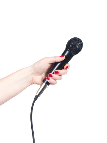 Journalist hand holding microphone on white background