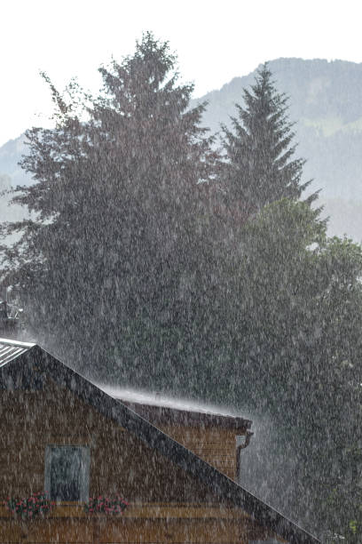 istock Strong rain in summer with house, roof and trees 830594020