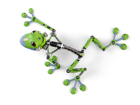 3D render of a robot treefrog on a white background