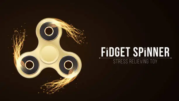 Vector illustration of Realistic golden spinner in the fire. Fiery speed. Stress relieving toy. Modern toy for fingers. VIP spinner. Background for advertising. Vector illustration