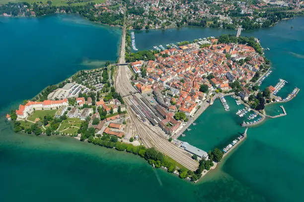 Aerial perspective of peninsula Lindau with port and Marina in summer