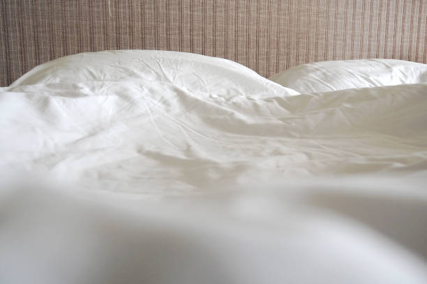 istock Messy double bed. Two pillows and blanket on white cover sheets. Indoor and house object background. Back focus and blur on foreground. 830621674