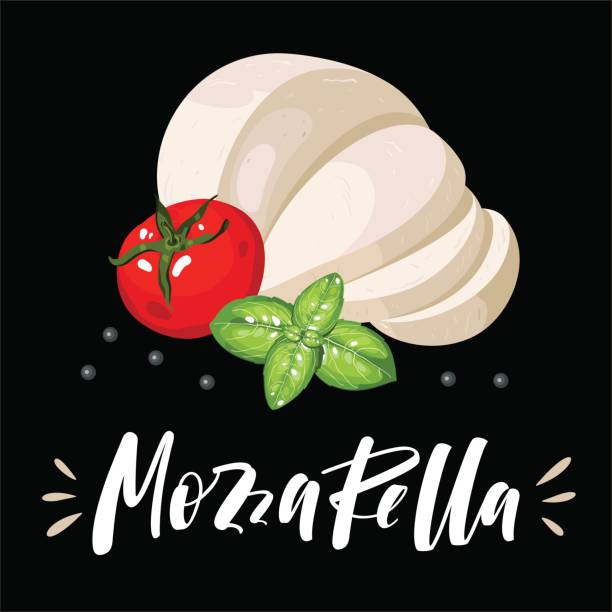 illustrazioni stock, clip art, cartoni animati e icone di tendenza di ingredienti per insalata e pizza - mozzarella a fette, pomodoro, basilico - mozzarella
