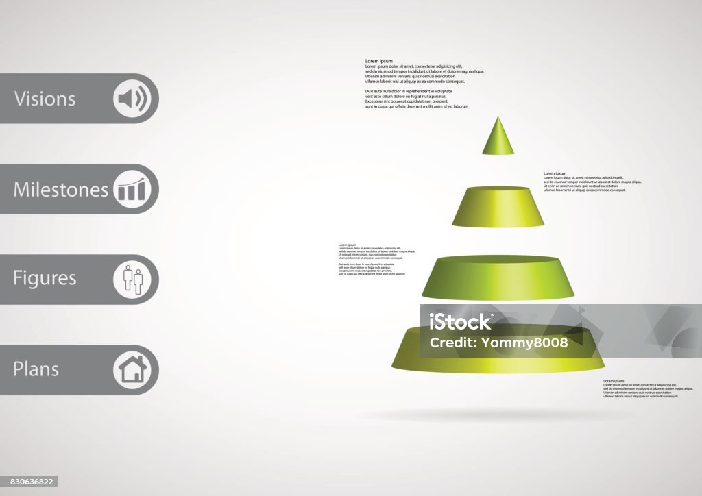 3D illustration infographic template with motif of cone triangle horizontally divided to four green slices with simple sign and sample text on side in bars. Light grey gradient is used as background. Cone Shape stock vector