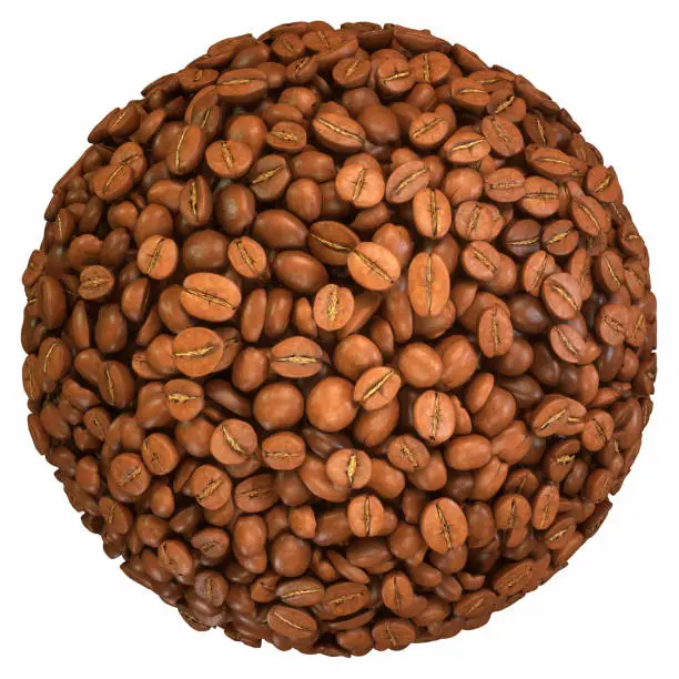 Roasted coffee beans shaped like sphere on white background. Clipping path included.