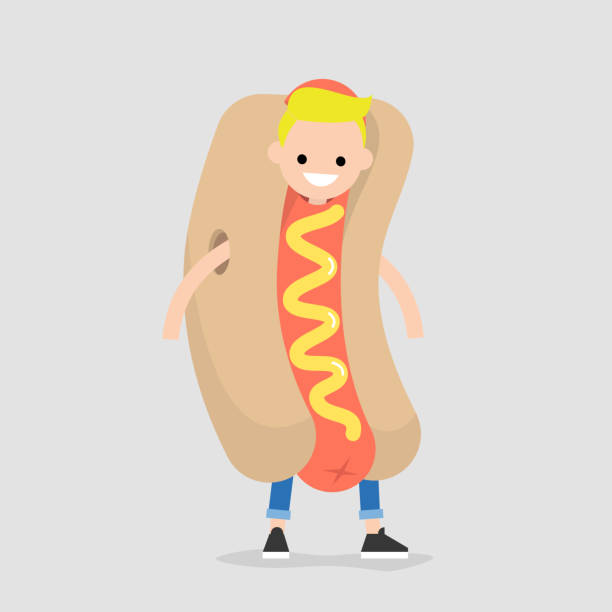 First job. Young character wearing a hot dog costume / flat editable vector illustration, clip art First job. Young character wearing a hot dog costume / flat editable vector illustration, clip art clip art of dumb blonde stock illustrations