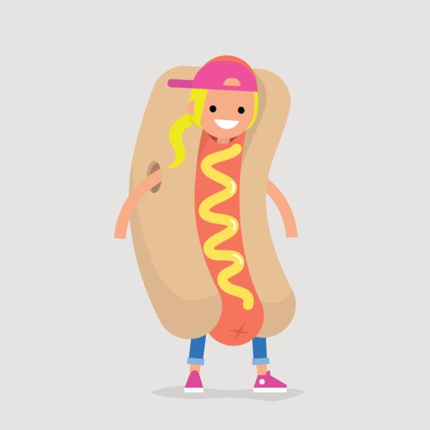 First job. Young female character wearing a hot dog costume / flat editable vector illustration, clip art First job. Young female character wearing a hot dog costume / flat editable vector illustration, clip art clip art of dumb blonde stock illustrations