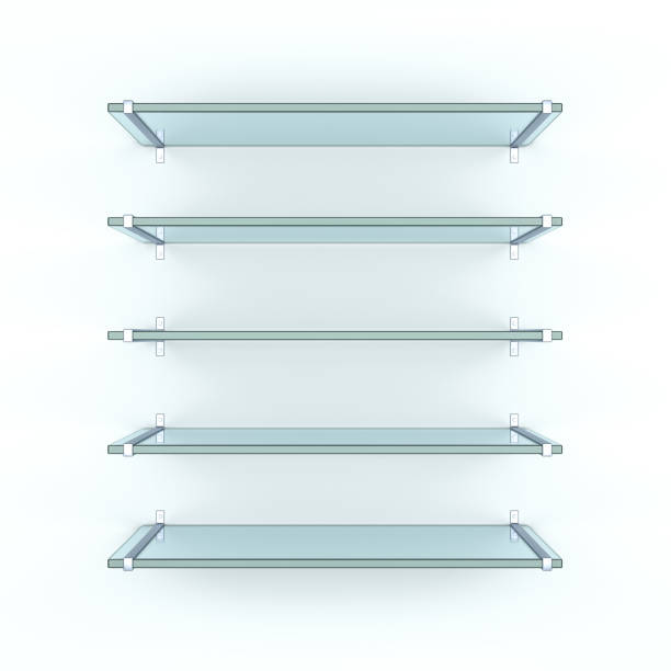 istock Five alike glass shelves on white wall 830690962