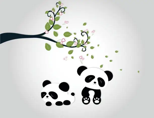 Vector illustration of Panda playing under tree branches