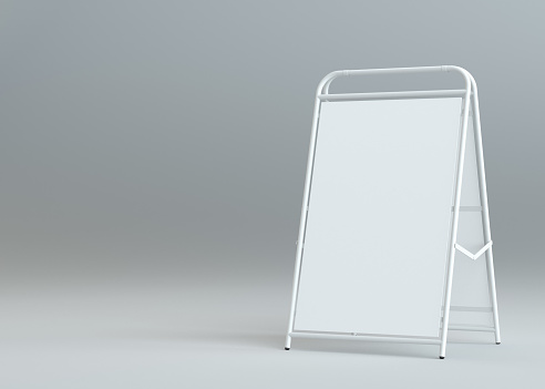 Blank white street stand on gray background. Outdoor mock up board. 3d rendering. Template for your design