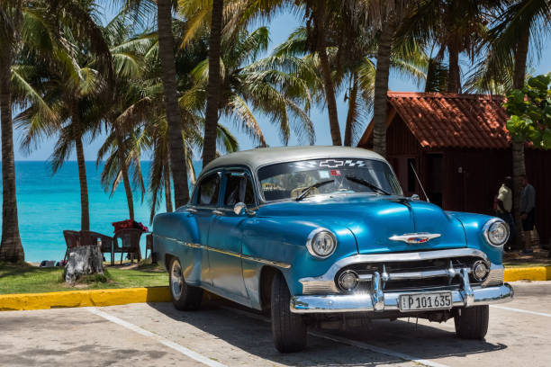 auto classica chevrolet blu americana con tetto d'argento parcheggiato sulla spiaggia di varadero cuba - serie cuba reportage - chevrolet havana cuba 1950s style foto e immagini stock