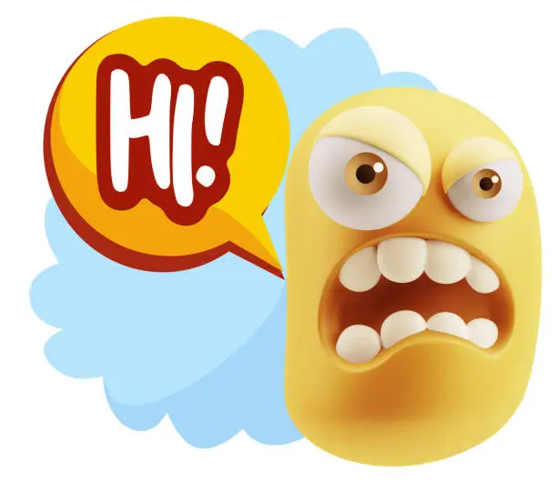 3d Illustration Angry Face Emoticon saying Hi with Colorful Speech Bubble.