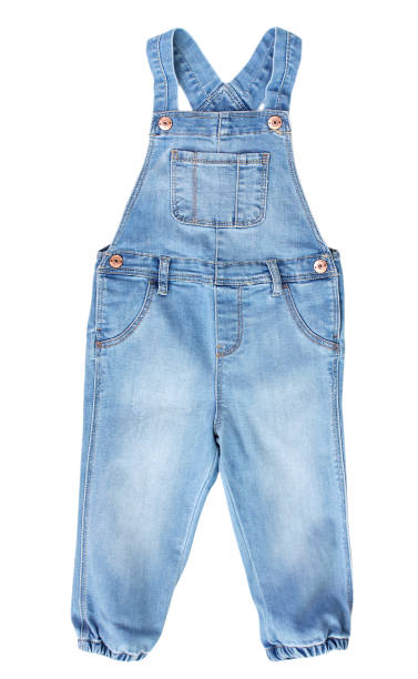 bebé niño azul jean general aislado en blanco. - overalls fotografías e imágenes de stock