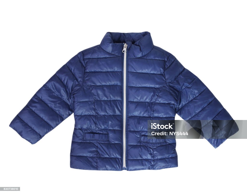 Blue baby coat child fashion wear isolated nobody. Blue child's coat jacket isolated.Baby fashion outwear studio. Jacket Stock Photo