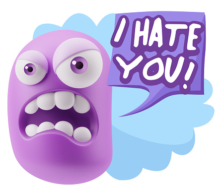 3d Illustration Angry Face Emoticon saying I Hate you with Colorful Speech Bubble.