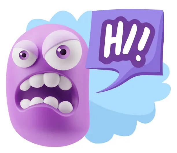 3d Illustration Angry Face Emoticon saying Hi with Colorful Speech Bubble.