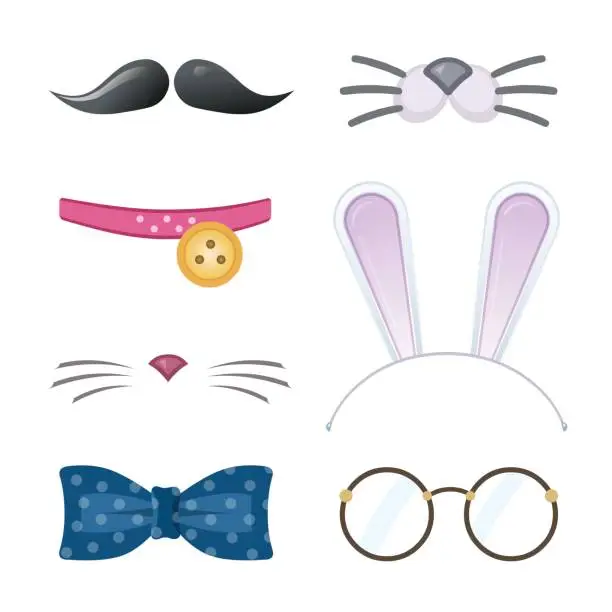 Vector illustration of Cartoon style accessories (mustache, glasses, collar, cat nose, bow tie, bunny ears).