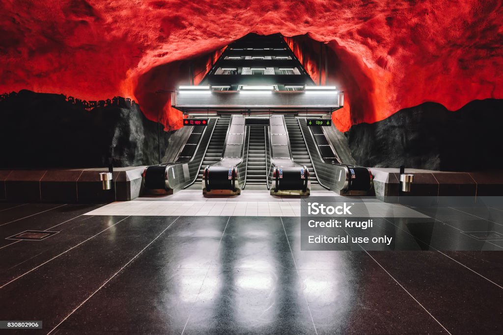 Solna Centrum Metro Station in Stockholm Stockholm, Sweden - October, 23th, 2016. Stockholm Tunnelbana Subway interior with escalator and modern art exhibition. Solna Centrum metro station. Stockholm Stock Photo