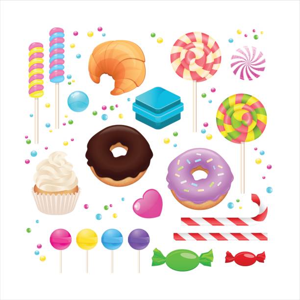 illustrazioni stock, clip art, cartoni animati e icone di tendenza di set di caramelle isolato su bianco. caramelle, croissant, ciambella, cupcake, lecca-lecca, caramello e marmellata - hard candy candy backgrounds multi colored