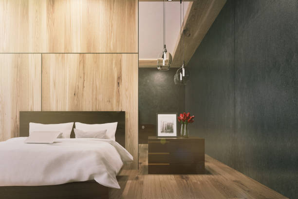 istock Wooden and black bedroom interior toned 830841378