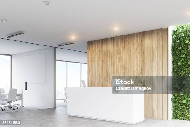 White Reception Grass Office Corner Stock Photo - Download Image Now - Lobby, Desk, Corporate Business