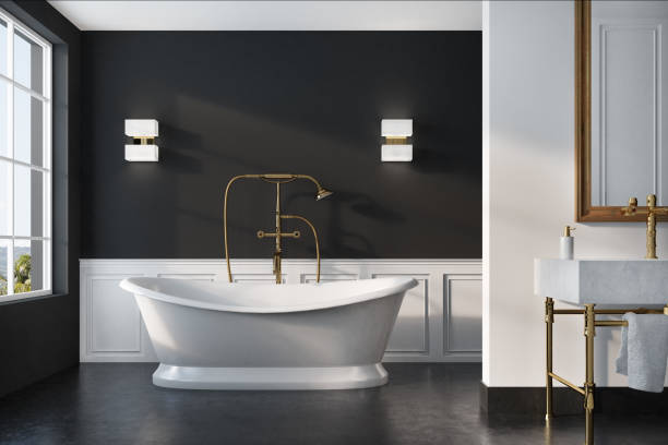 istock Black vintage bathroom interior, white tub 830852718