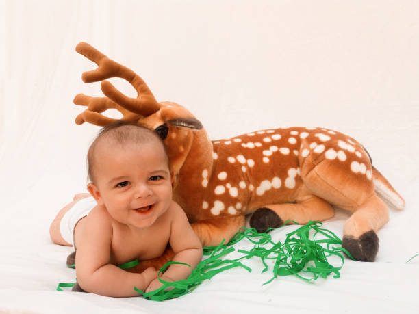 istock 4 months old baby boy playing with soft toy dear and chick 830857378