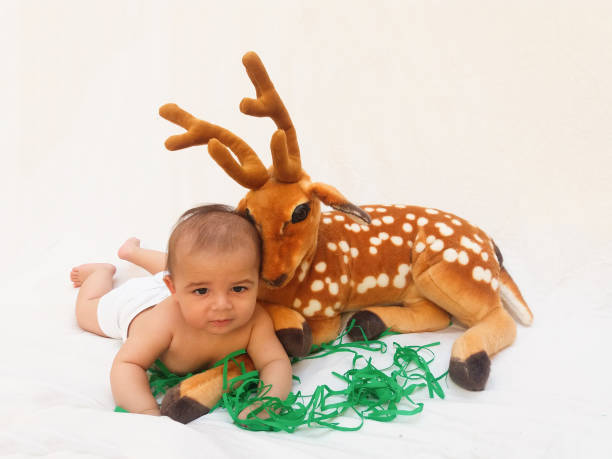 istock 4 months old baby boy playing with soft toy dear and chick 830857542