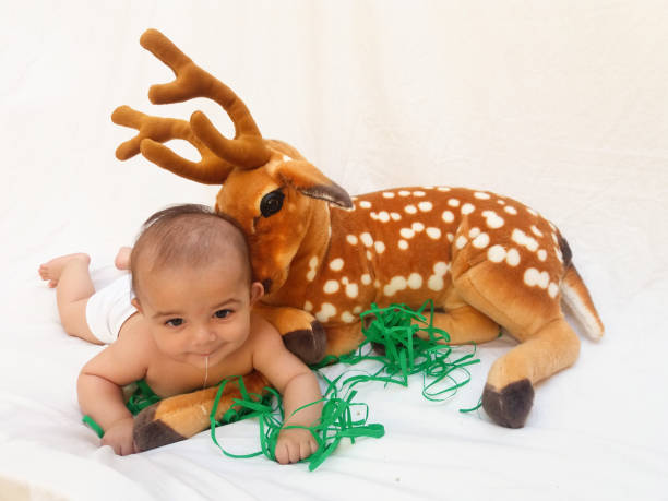 istock 4 months old baby boy playing with soft toy dear and chick 830857800