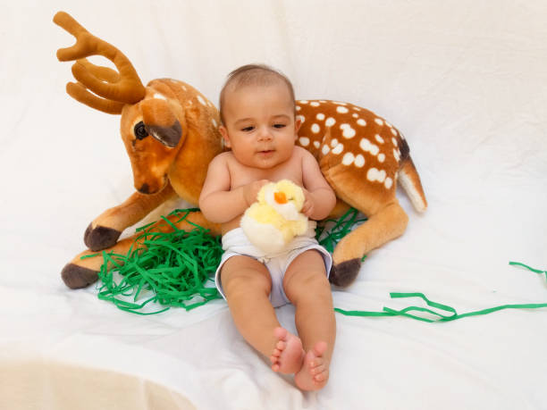 istock 4 months old baby boy playing with soft toy dear and chick 830858274