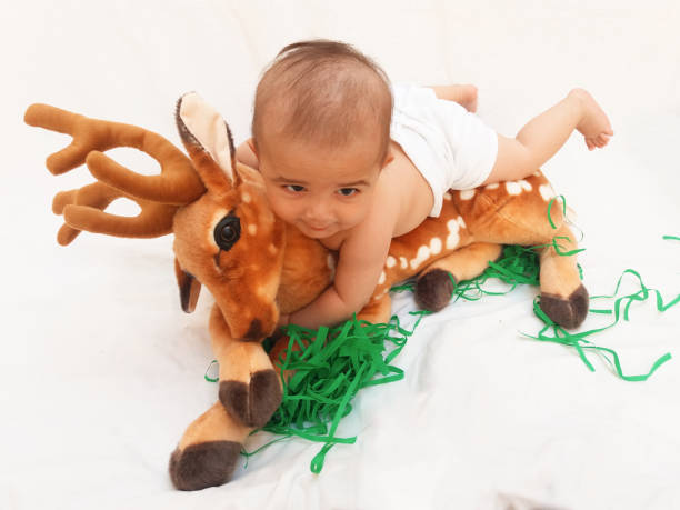 istock 4 months old baby boy playing with soft toy dear and chick 830858464