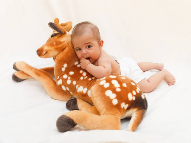 istock 4 months old baby boy playing with soft toy dear and chick 830862144