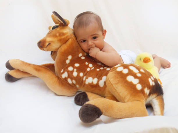 istock 4 months old baby boy playing with soft toy dear and chick 830862148