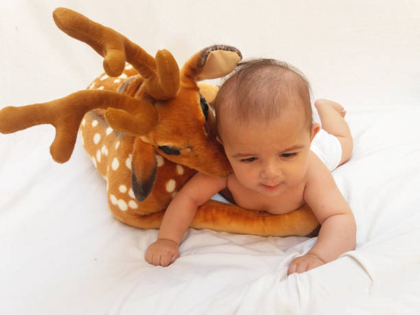 istock 4 months old baby boy playing with soft toy dear and chick 830863062