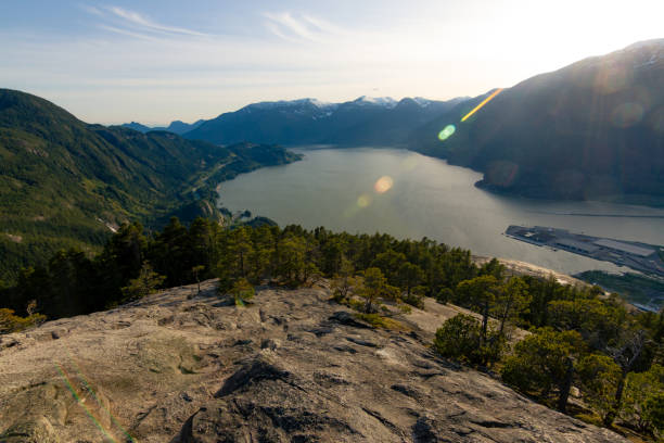 istock View point from cliff above valley and bay with mountains and clouds 830868010