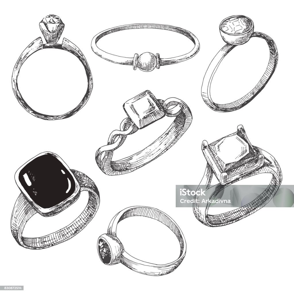 Main a dessiné un ensemble de bagues bijoux différents. Illustration vectorielle d’un style de croquis. - clipart vectoriel de Bijou libre de droits