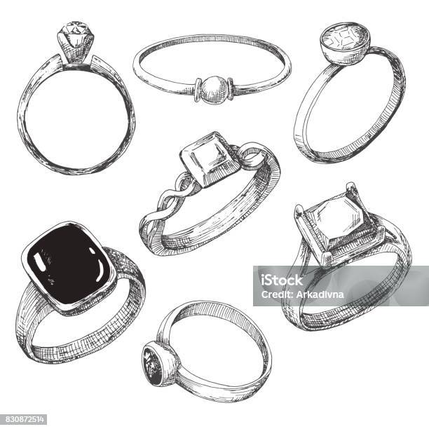Hand Drawn A Set Of Different Jewelry Rings Vector Illustration Of A Sketch Style Stock Illustration - Download Image Now