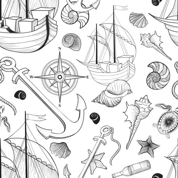 illustrations, cliparts, dessins animés et icônes de modèle sans couture de la vie marine. voilier, seashell, ancre, co - etching starfish engraving engraved image