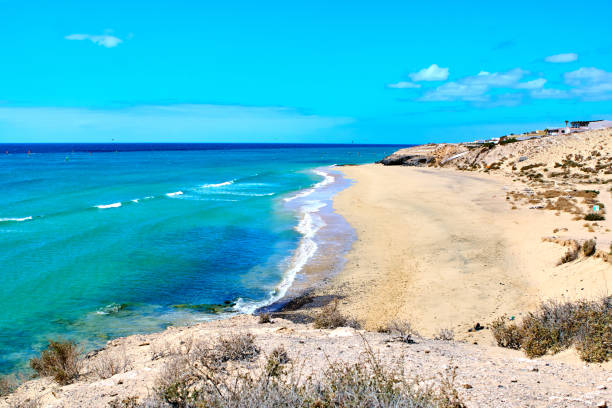 Esmeralda beach and dry vegetation an amazing day in Canary Islands... Fuerteventura landmark