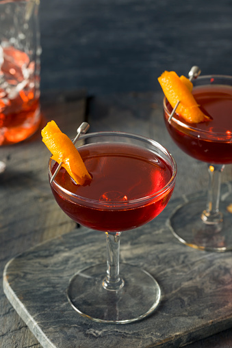 Homemade Red Boulevardier Cocktail with Orange Garnish